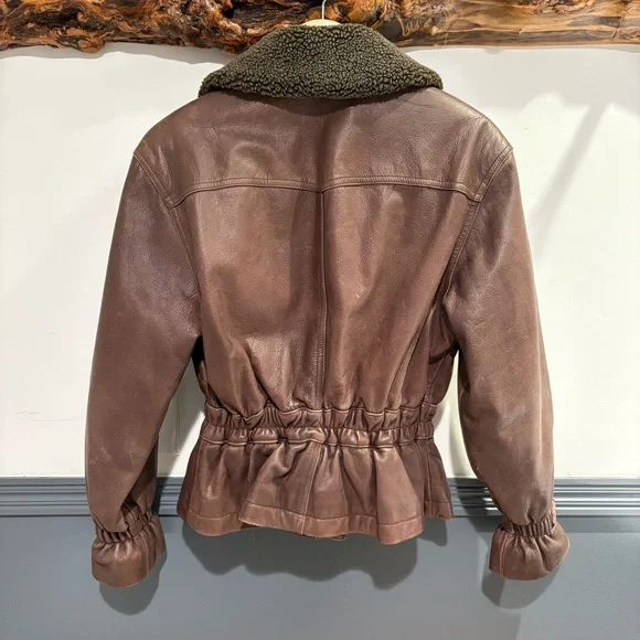 Colebrook & Co Vintage Women's Brown Leather Bomber Jacket Shearling Collar - Picture 3 of 14